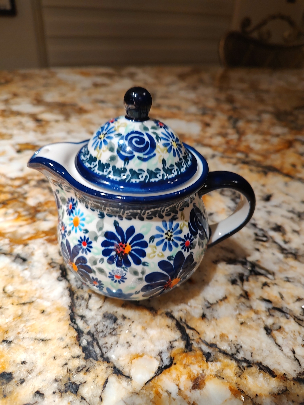 Blue Floral Made In Poland Ceramic Creamer with Lid